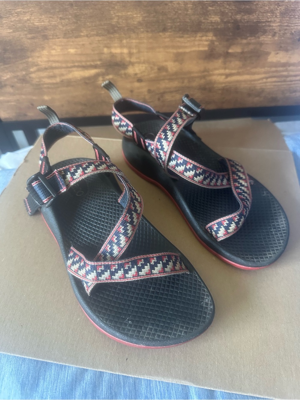 Chaco Youth 4 Sandals with Red white and Blue Geo Straps
